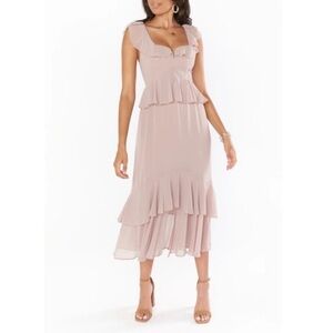 Show Me Your Mumu Reese Ruffle Midi Dress Soft Beige Chiffon Sz S NWT Bridesmaid